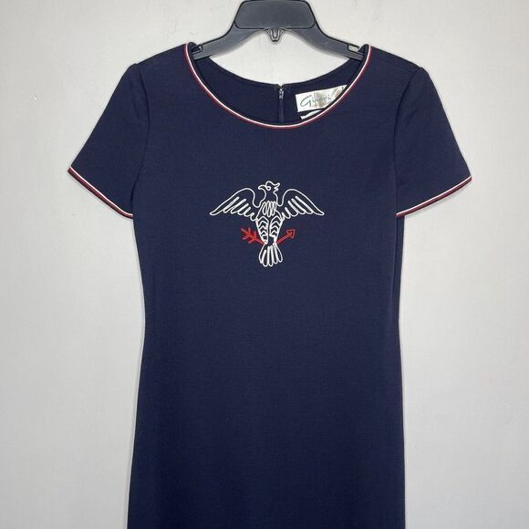 Vintage GINORI Maxi Dress Womens 10 Navy Blue Embroidered Bird Pure Virgin Wool - Picture 2 of 7